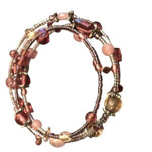 Handmade Multi-Color Beaded Stretch Wire Wrap Bracelet Memory Pink, Mauve Purple